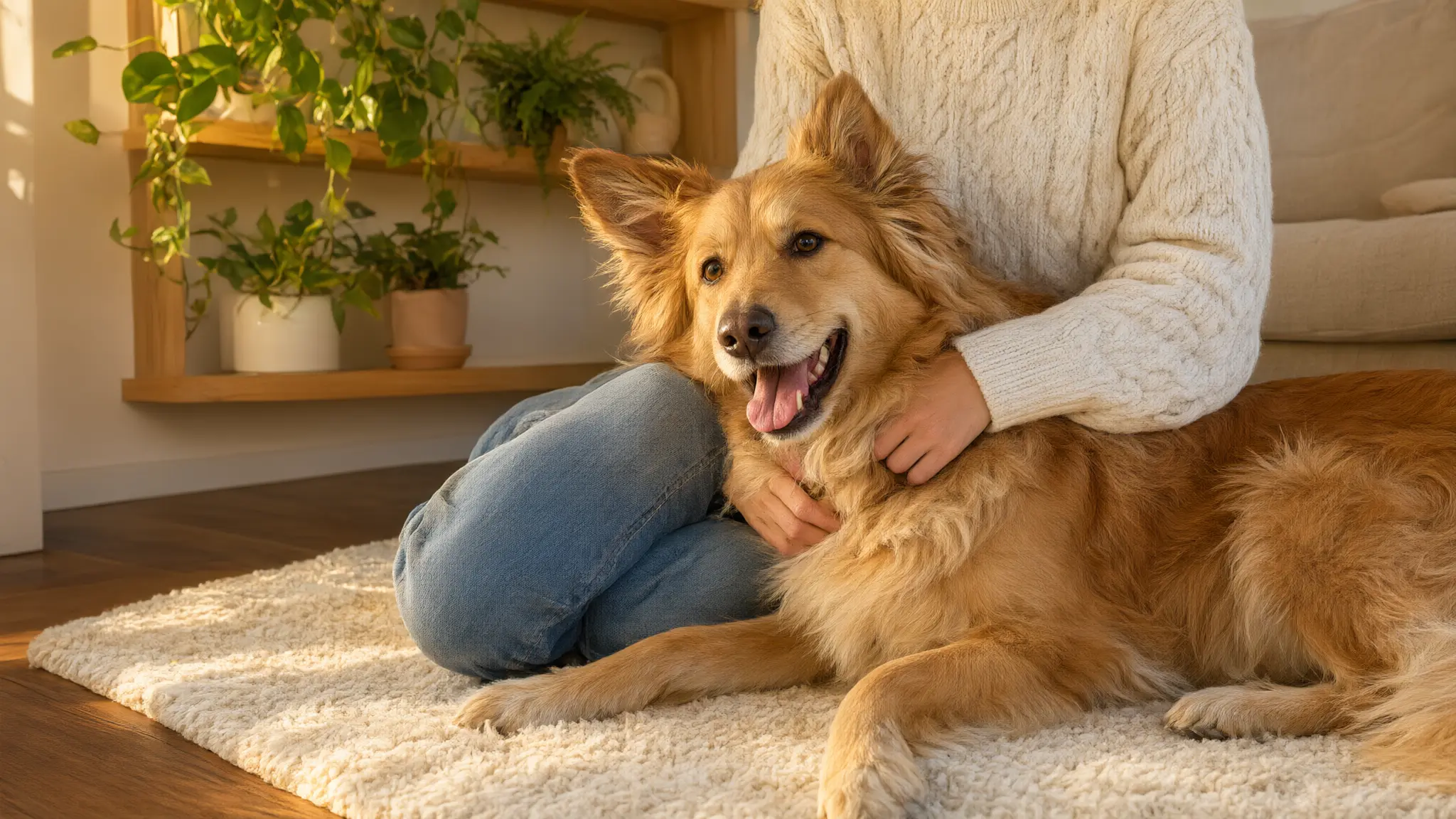 A happy golden dog sprawled on a rug, hugged by its owner