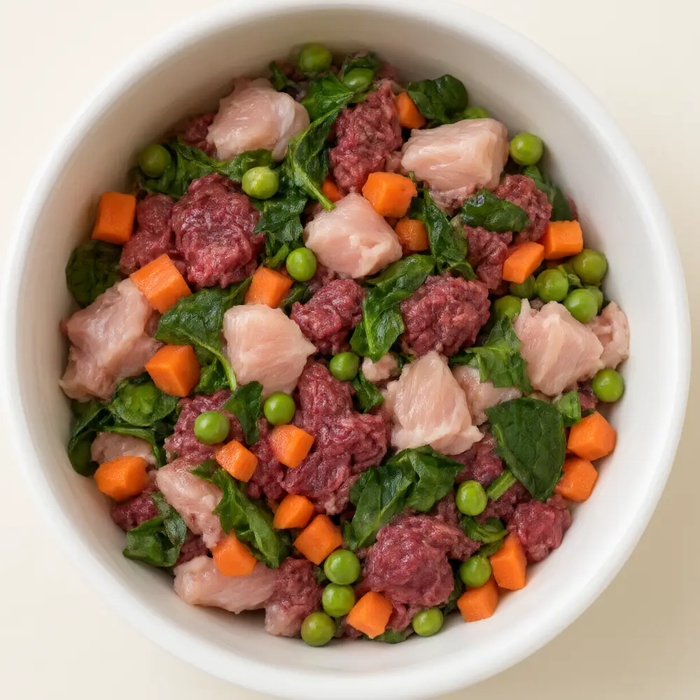 A white bowl of fresh raw meat, peas, carrot and spinach